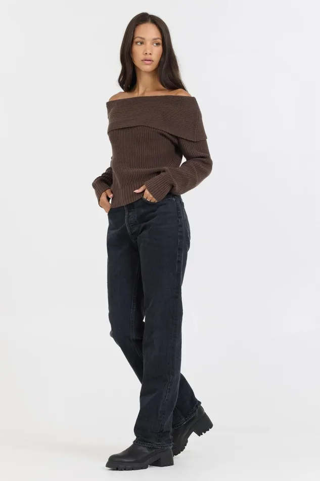 Vintage Havana Sweaters Women Espresso Off ShoulderBack Zip Sweater Espresso