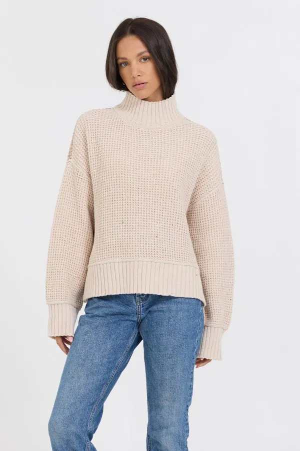 Vintage Havana Sweaters Women OatmealBrown Sugar Combo Mockneck Two Tone Sweater Oatmeal Brown Sugar
