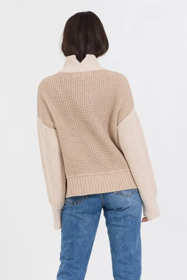 Vintage Havana Sweaters Women OatmealBrown Sugar Combo Mockneck Two Tone Sweater Oatmeal Brown Sugar