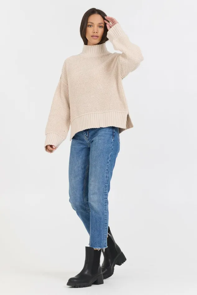 Vintage Havana Sweaters Women OatmealBrown Sugar Combo Mockneck Two Tone Sweater Oatmeal Brown Sugar