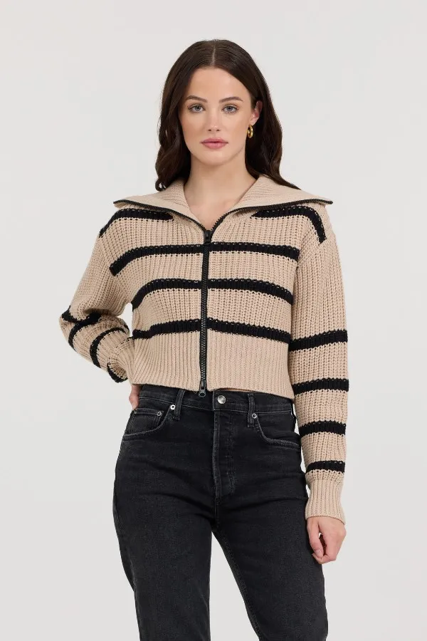 Vintage Havana Sweaters Women Puddle W Black Stripe Double Zip Sweater Puddle