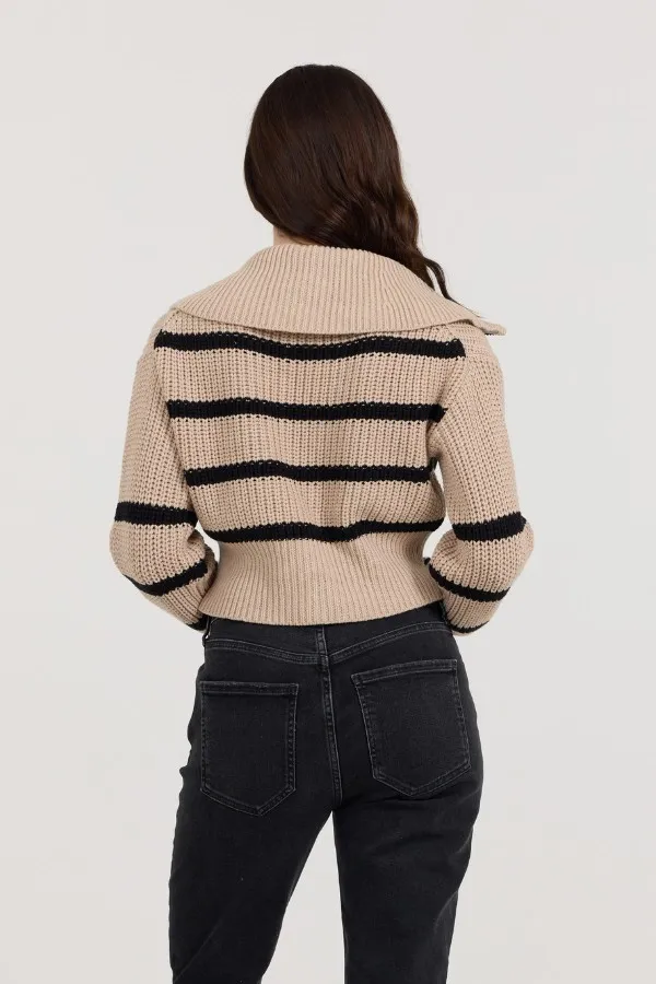 Vintage Havana Sweaters Women Puddle W Black Stripe Double Zip Sweater Puddle