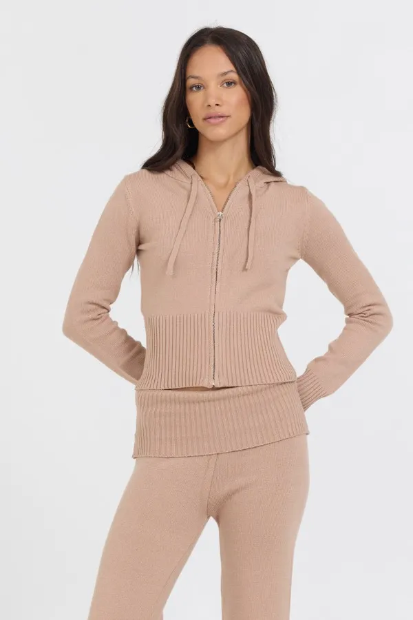 Vintage Havana Sweaters Women Salted Caramel Slim Fit Knit Zip Up Salted Caramel