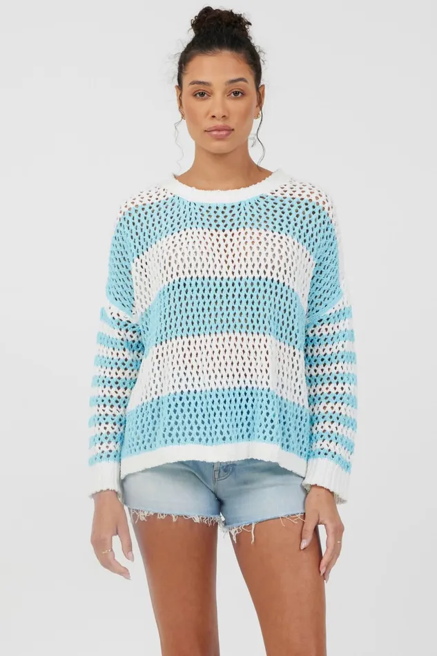 Vintage Havana Sweaters Women Tropical Turquoise Striped Netted Crewneck Tropical Turquoise