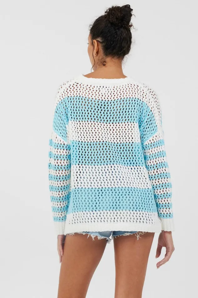 Vintage Havana Sweaters Women Tropical Turquoise Striped Netted Crewneck Tropical Turquoise