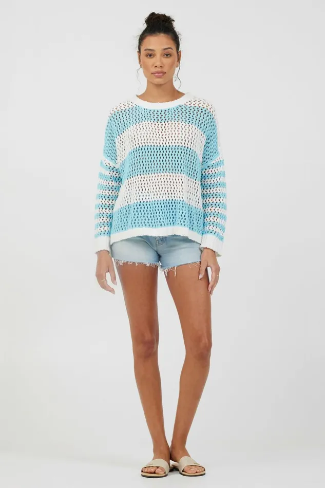 Vintage Havana Sweaters Women Tropical Turquoise Striped Netted Crewneck Tropical Turquoise