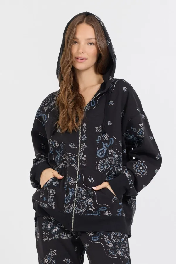 Vintage Havana Sweatshirts Women Black Bandana Printed Fleece Oversized Zip Up Black Vintage Havana Sweatshirts Women Black Bandana Printed Fleece Oversized Zip Up Black