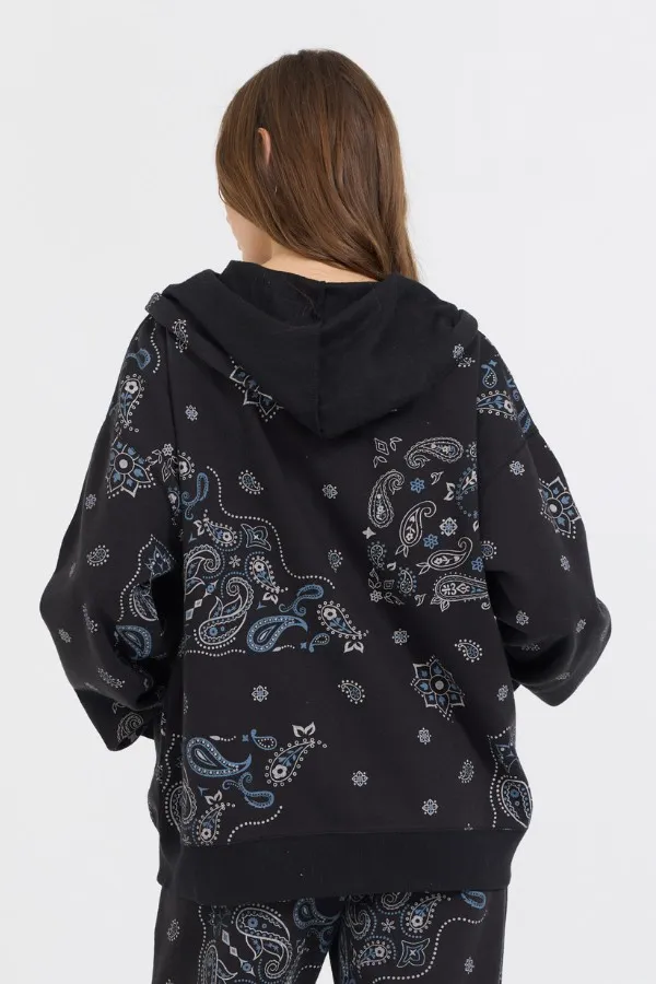Vintage Havana Sweatshirts Women Black Bandana Printed Fleece Oversized Zip Up Black