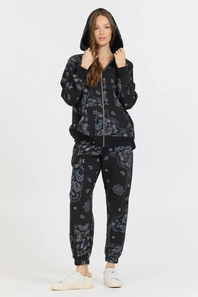 Vintage Havana Sweatshirts Women Black Bandana Printed Fleece Oversized Zip Up Black