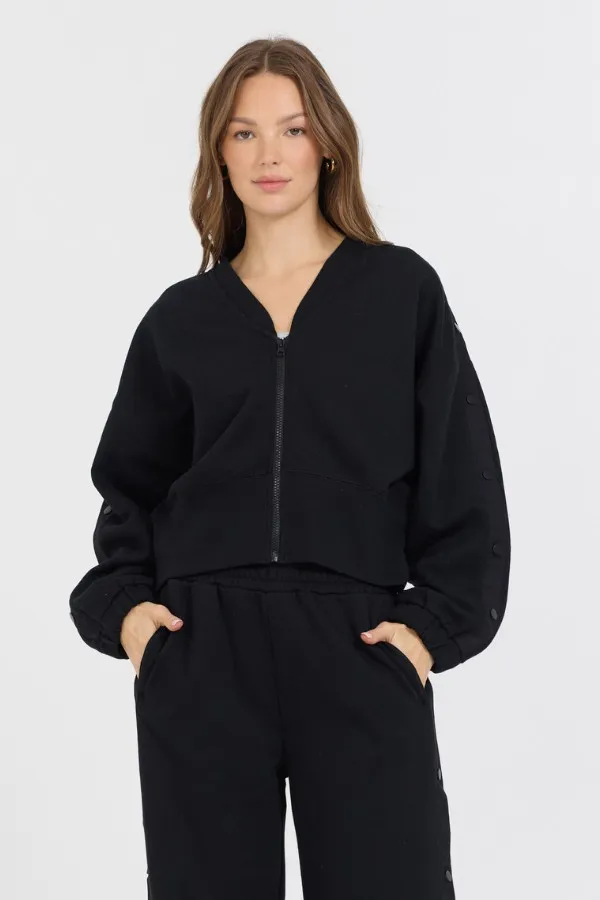 Vintage Havana Sweatshirts Women Black Brushed Fleece Zip Up W Snap Sleeves Black Vintage Havana Sweatshirts Women Black Brushed Fleece Zip Up W Snap Sleeves Black