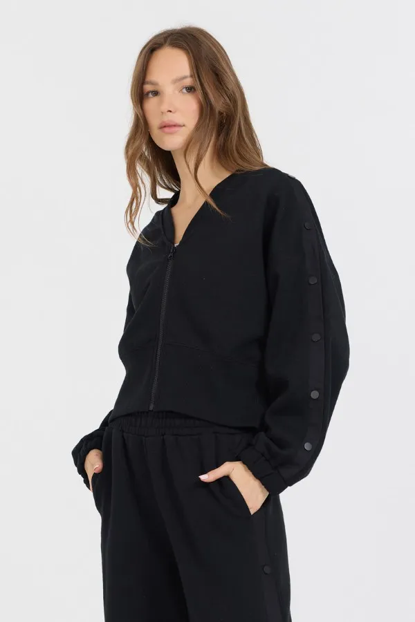Vintage Havana Sweatshirts Women Black Brushed Fleece Zip Up W Snap Sleeves Black
