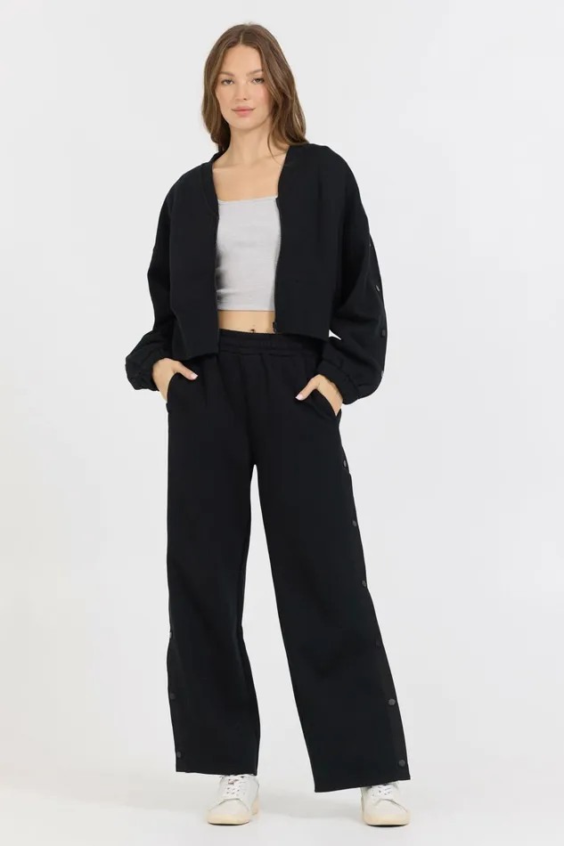 Vintage Havana Sweatshirts Women Black Brushed Fleece Zip Up W Snap Sleeves Black