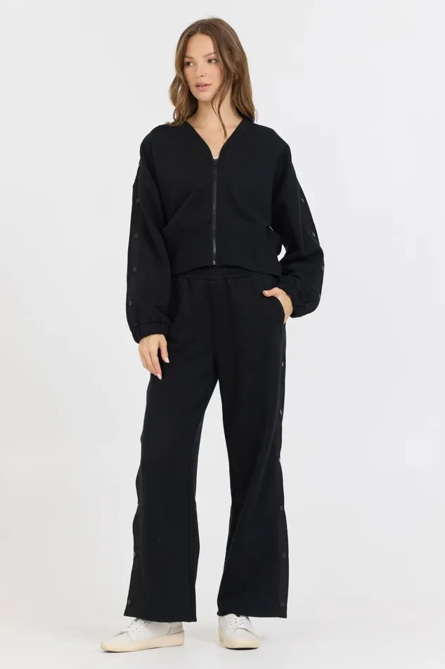 Vintage Havana Sweatshirts Women Black Brushed Fleece Zip Up W Snap Sleeves Black