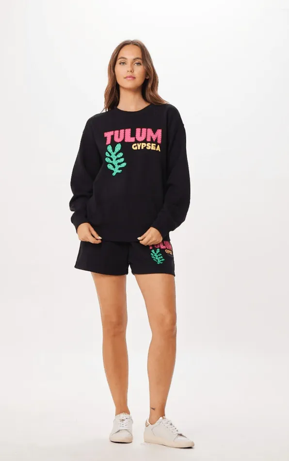 Vintage Havana Sweatshirts Women Black Tulum Jet Setter Surf Wash Crewneck Black