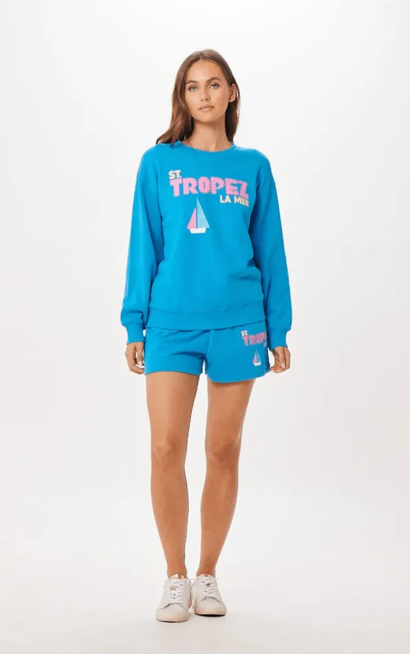 Vintage Havana Sweatshirts Women Bright Blue St Tropez Jet Setter Surf Wash Crewneck Bright Blue