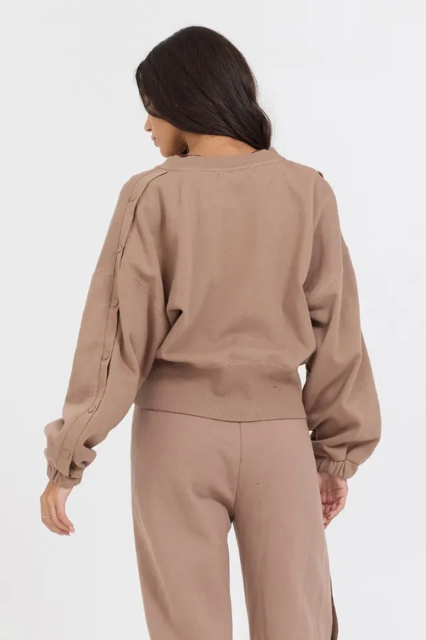 Vintage Havana Sweatshirts Women Caramel Latte Brushed Fleece Zip Up W Snap Sleeves Caramel