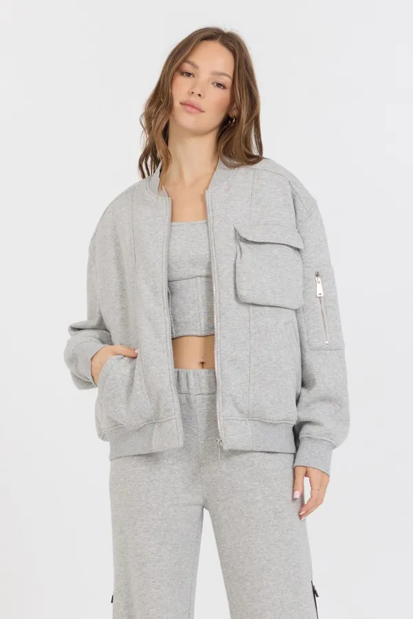 Vintage Havana Sweatshirts Women Pure Grey Contrast Black Zipper Bomber Grey