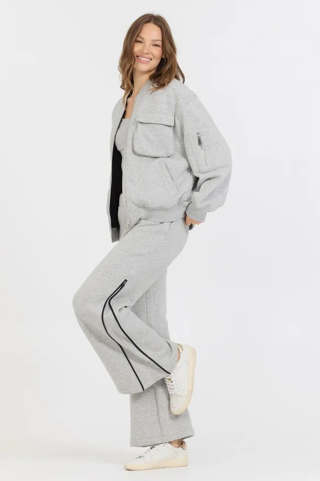 Vintage Havana Sweatshirts Women Pure Grey Contrast Black Zipper Bomber Grey