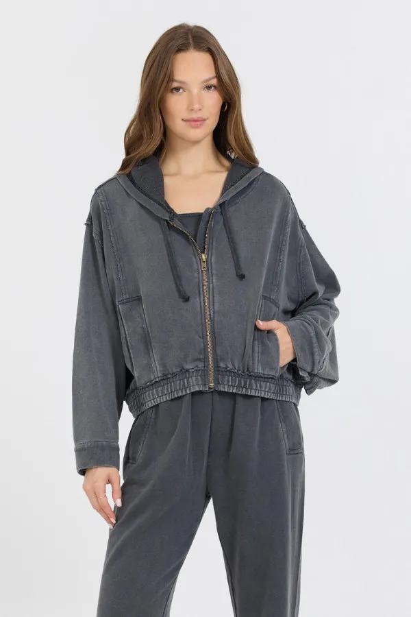 Vintage Havana Sweatshirts Women Washed Charcoal Garment Dye French Terry Zip Up Hoodie Charcoal Vintage Havana Sweatshirts Women Washed Charcoal Garment Dye French Terry Zip Up Hoodie Charcoal