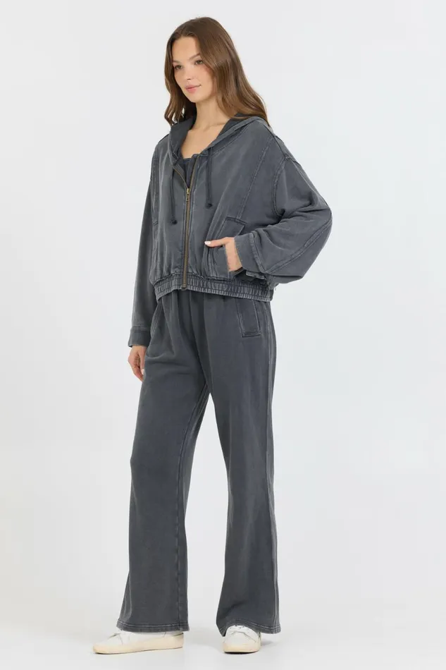 Vintage Havana Sweatshirts Women Washed Charcoal Garment Dye French Terry Zip Up Hoodie Charcoal