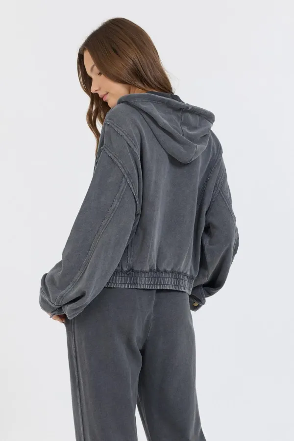 Vintage Havana Sweatshirts Women Washed Charcoal Garment Dye French Terry Zip Up Hoodie Charcoal