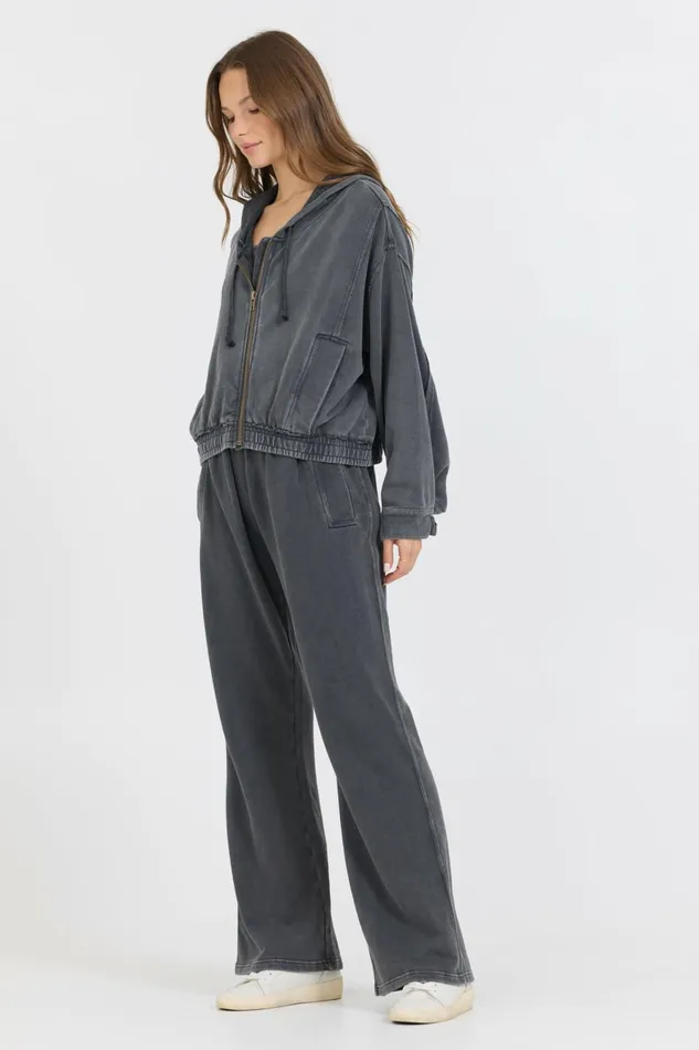 Vintage Havana Sweatshirts Women Washed Charcoal Garment Dye French Terry Zip Up Hoodie Charcoal