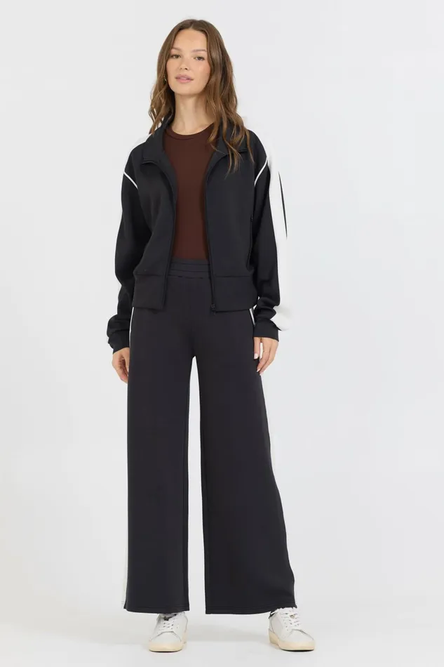 Vintage Havana Wide Leg Pants Women Black White Colorblock Cloud Fleece Pant Black