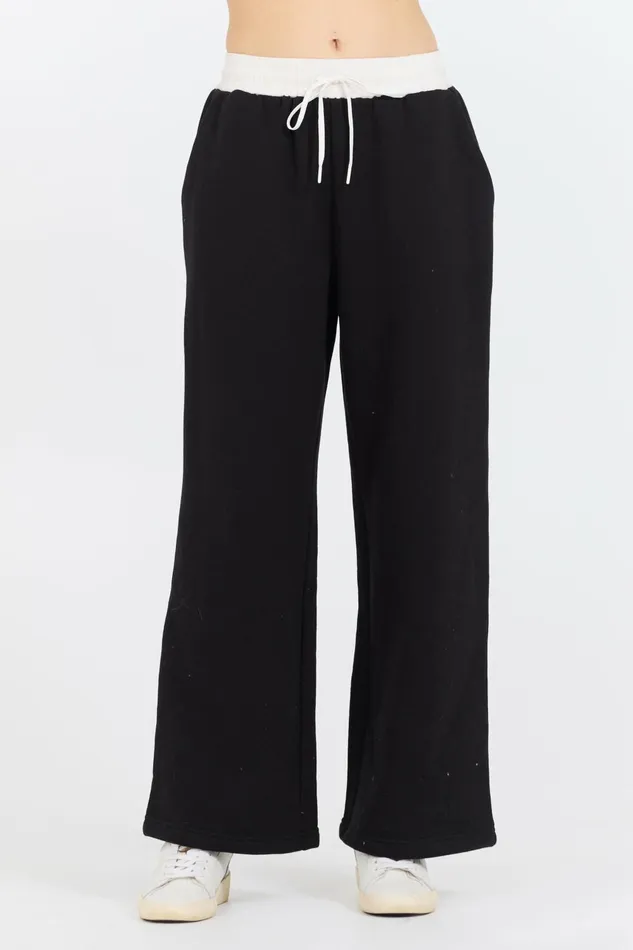 Vintage Havana Wide Leg Pants Women Black White Essential Fleece Pant W Poplin Waist Black Vintage Havana Wide Leg Pants Women Black White Essential Fleece Pant W Poplin Waist Black