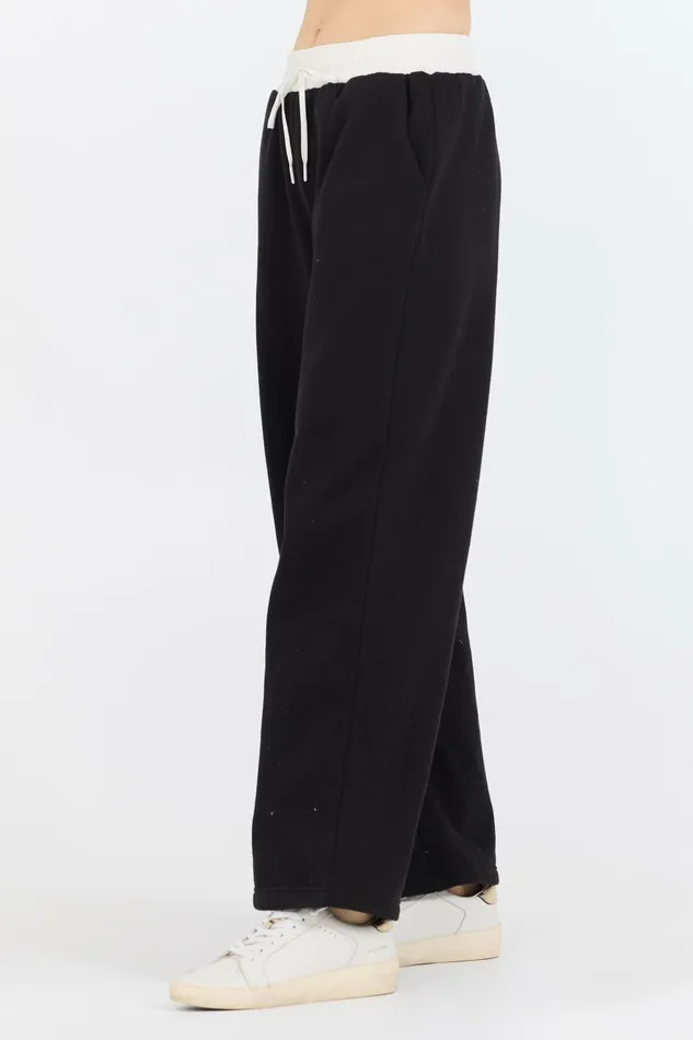 Vintage Havana Wide Leg Pants Women Black White Essential Fleece Pant W Poplin Waist Black