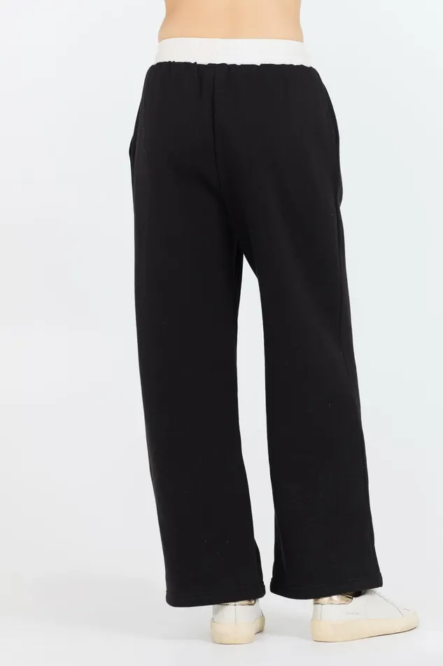 Vintage Havana Wide Leg Pants Women Black White Essential Fleece Pant W Poplin Waist Black