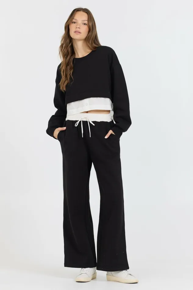 Vintage Havana Wide Leg Pants Women Black White Essential Fleece Pant W Poplin Waist Black