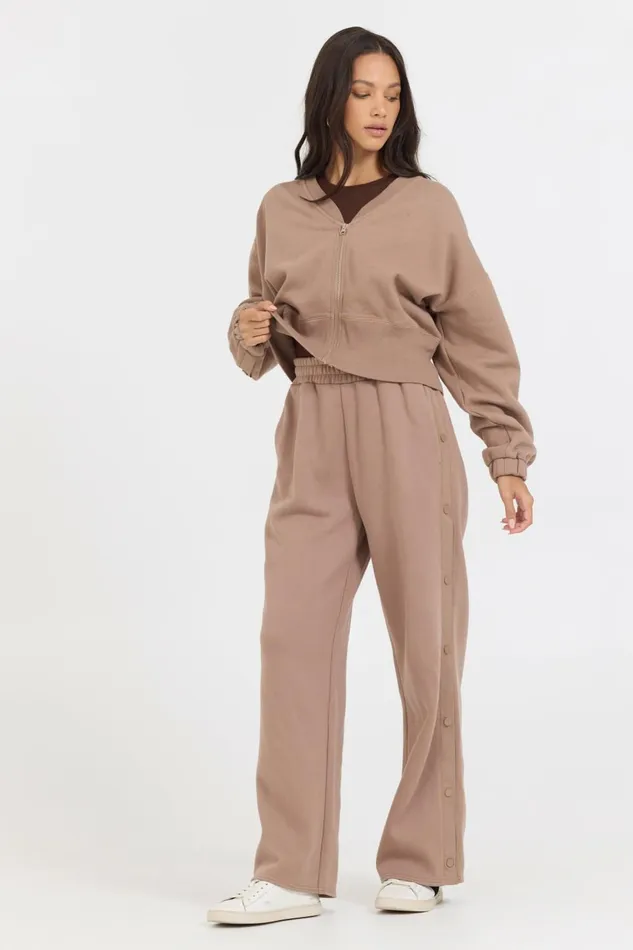 Vintage Havana Wide Leg Pants Women Caramel Latte Brushed Fleece Snap Pant Caramel