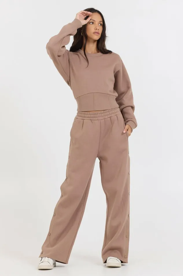 Vintage Havana Wide Leg Pants Women Caramel Latte Brushed Fleece Snap Pant Caramel