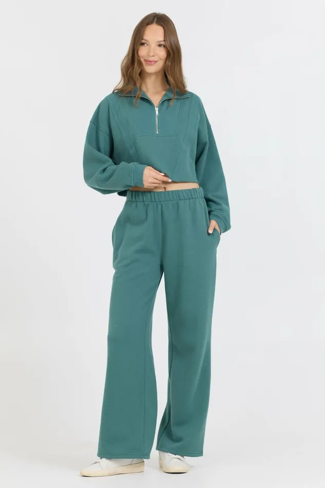 Vintage Havana Wide Leg Pants Women College Green Cotton Blend Fleece Wide Leg Pant Green