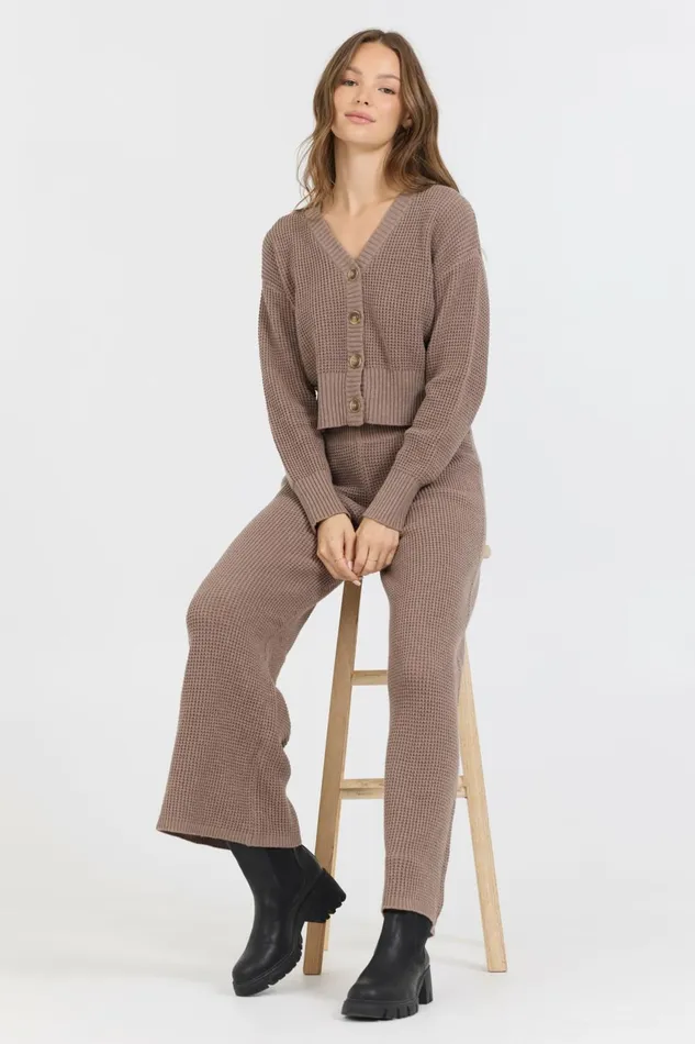 Vintage Havana Wide Leg Pants Women Heather Brown Waffle Knit Flare Pant Brown
