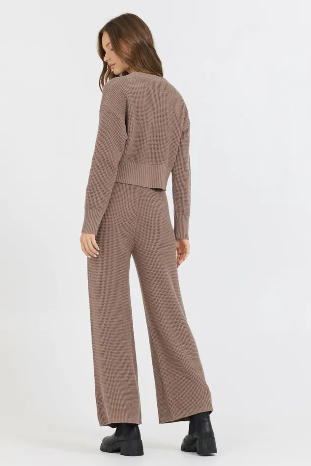 Vintage Havana Wide Leg Pants Women Heather Brown Waffle Knit Flare Pant Brown