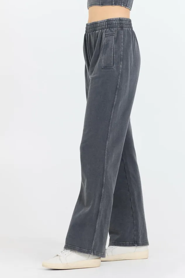 Vintage Havana Wide Leg Pants Women Washed Charcoal Garment Dye French Terry Flare Pant Charcoal