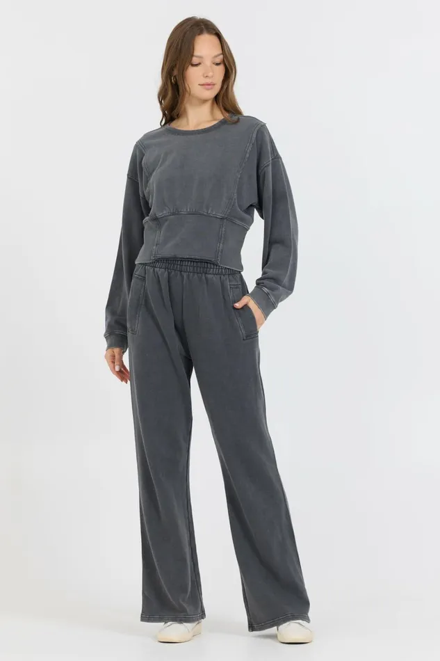 Vintage Havana Wide Leg Pants Women Washed Charcoal Garment Dye French Terry Flare Pant Charcoal