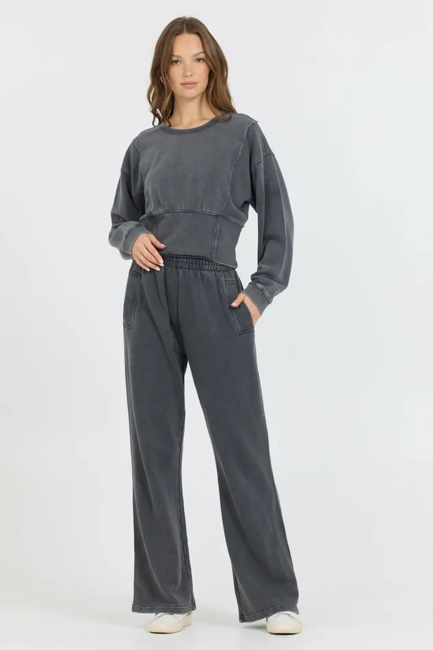 Vintage Havana Wide Leg Pants Women Washed Charcoal Garment Dye French Terry Flare Pant Charcoal