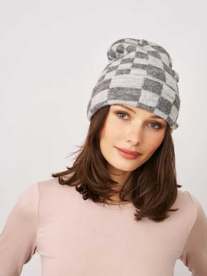 Vintage Havana Winter Hats Women CHECK PATTERN BEANIE 8211 GREY Grey
