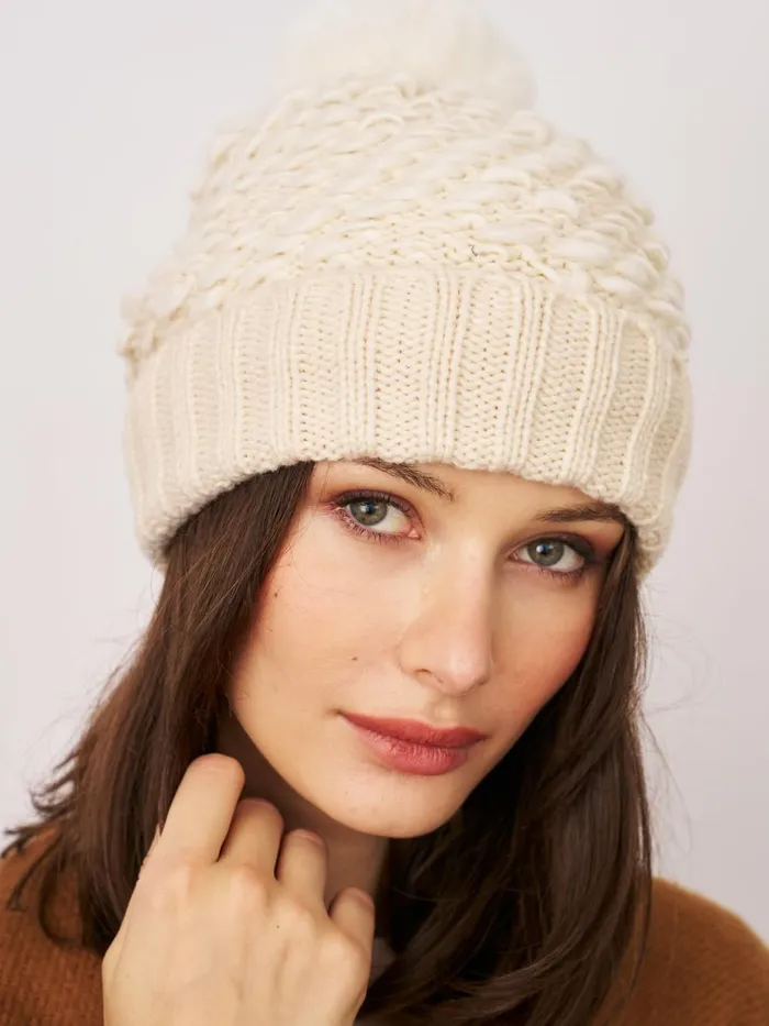 Vintage Havana Winter Hats Women TURN UP POMPOM HAT 8211 CREAM Cream
