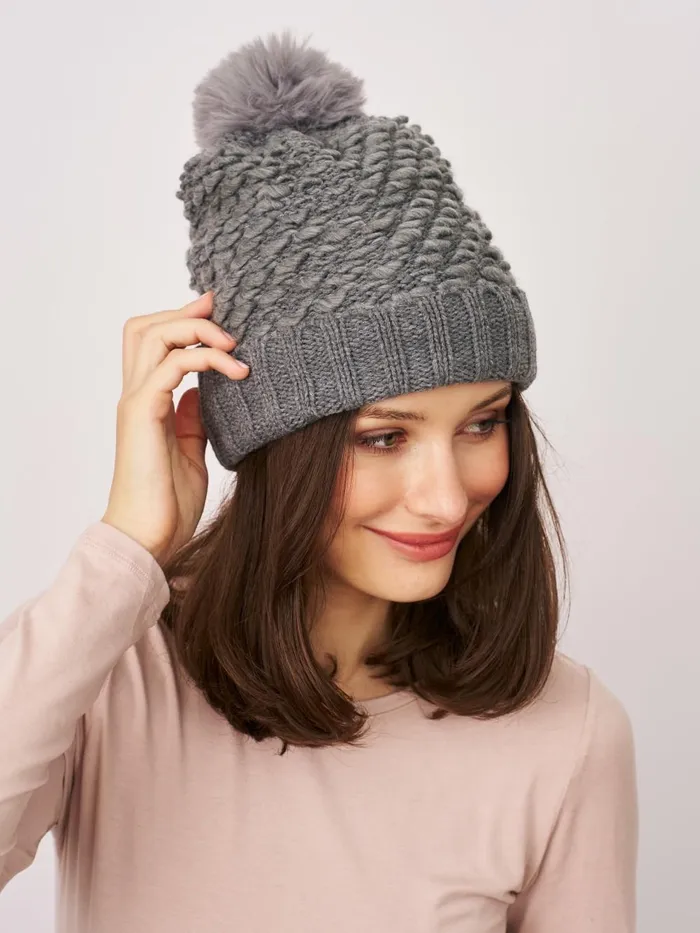 Vintage Havana Winter Hats Women TURN UP POMPOM HAT 8211 GREY Grey