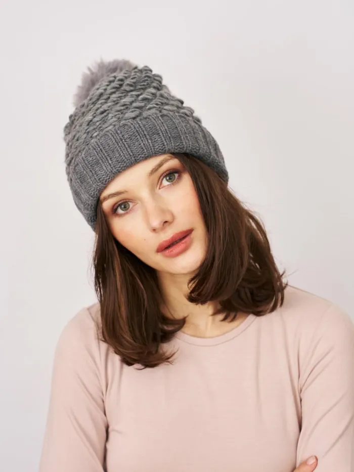 Vintage Havana Winter Hats Women TURN UP POMPOM HAT 8211 GREY Grey Vintage Havana Winter Hats Women TURN UP POMPOM HAT 8211 GREY Grey