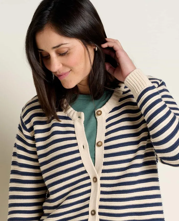 Women039s Bianca Crew Cardigan True Navy Stripe ToadandCo Sweaters