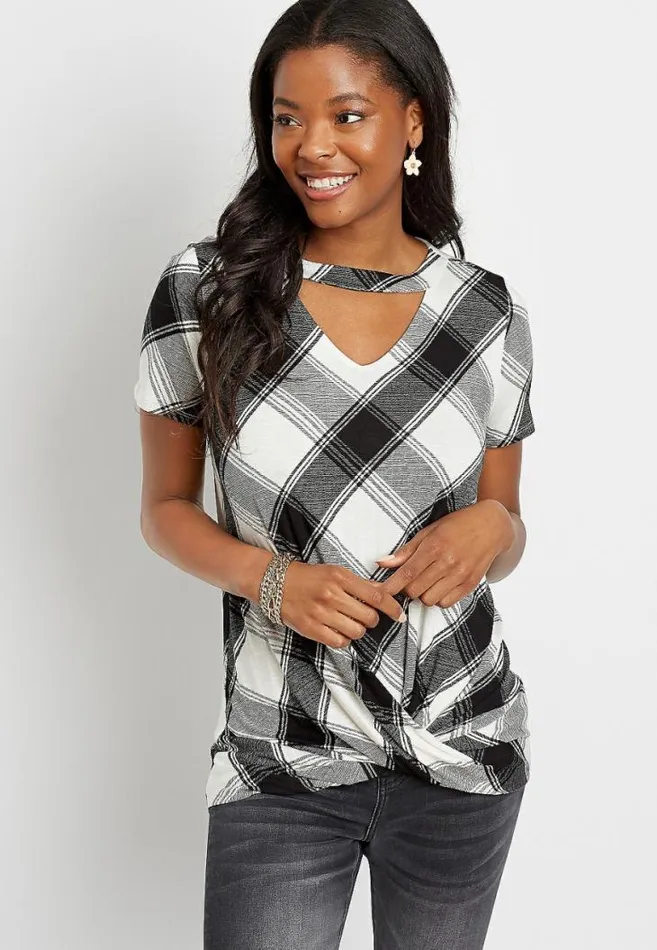 Women 247 Black And White Plaid Twist Hem Tee Maurices Tops