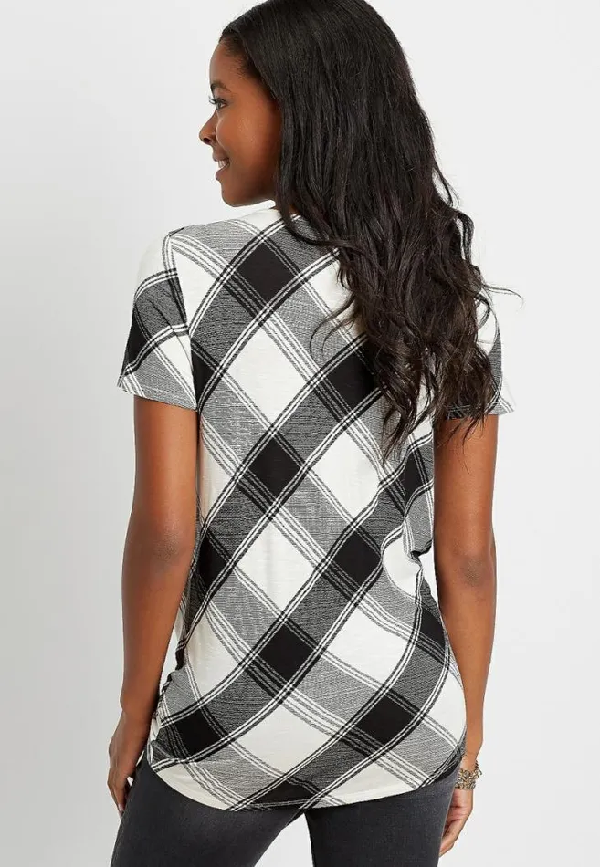 Women 247 Black And White Plaid Twist Hem Tee Maurices Tops