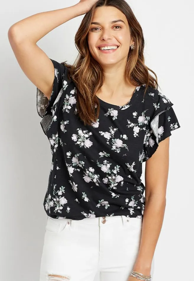 Women 247 Black Floral Ruffle Sleeve Tee Maurices Tops