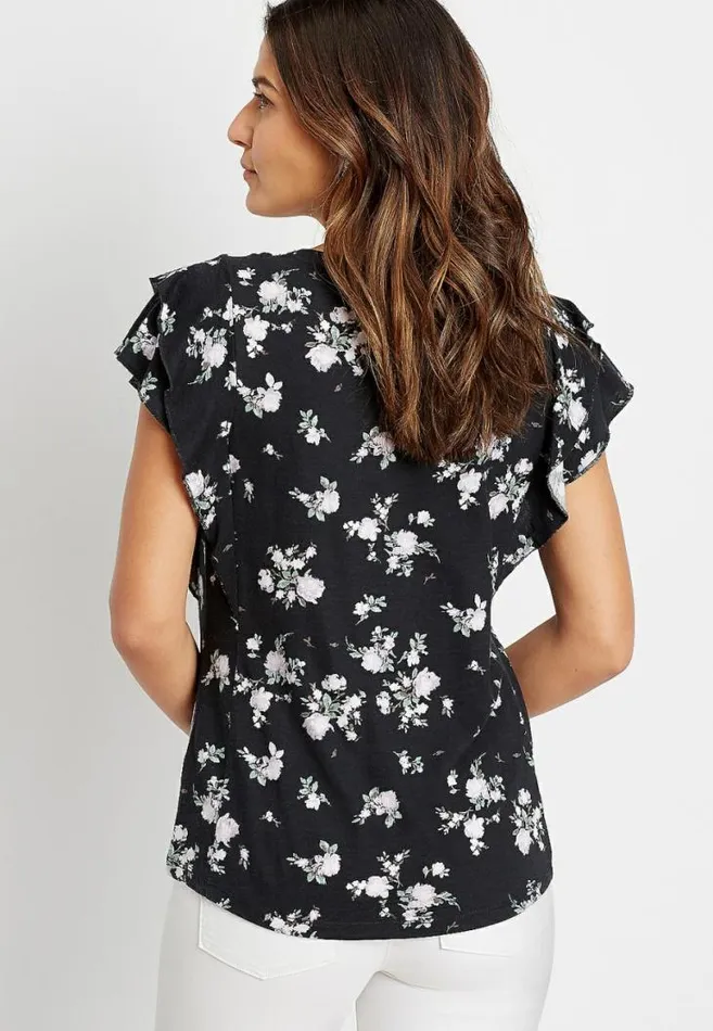 Women 247 Black Floral Ruffle Sleeve Tee Maurices Tops