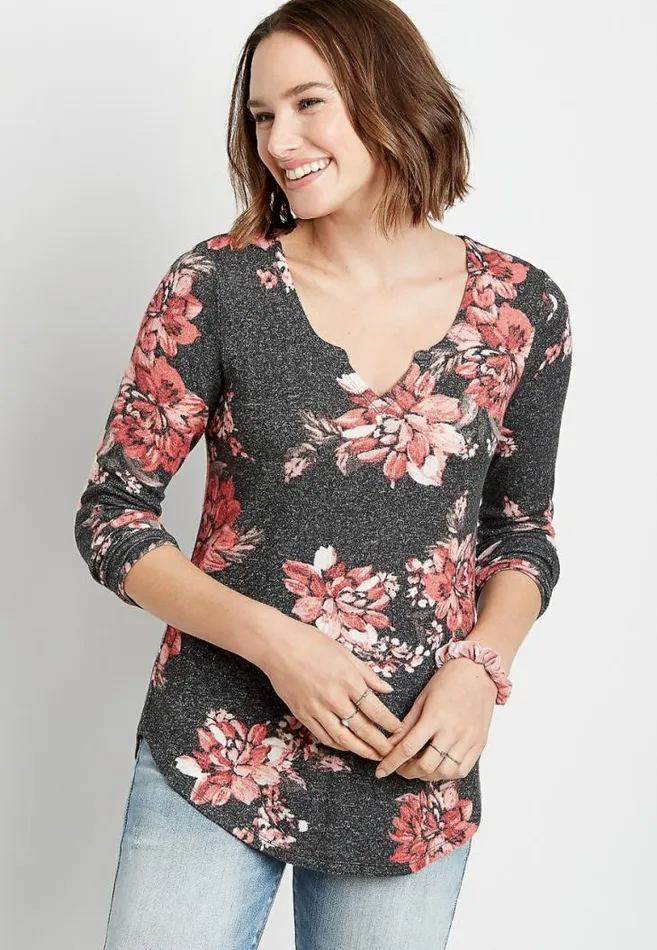 Women 247 Black Floral Split Neck Cozy Tee Maurices Tops