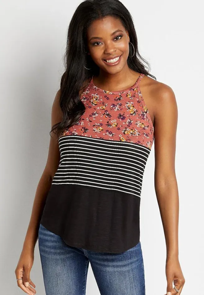 Women 247 Black Striped Floral High Neck Tank Top Maurices Tops